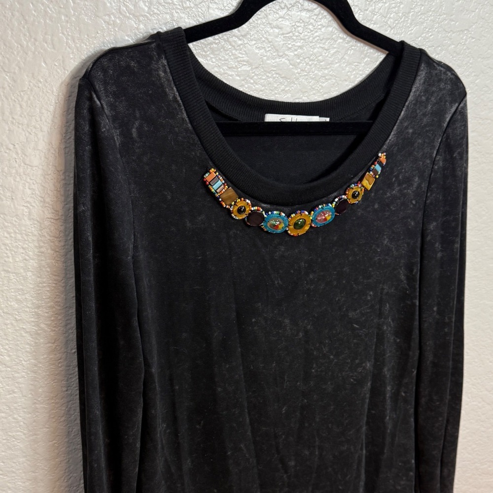 Solitaire Womens Size M Embellished Crew Neck Indie Long Sleeve Washed Black Top - Picture 2 of 8